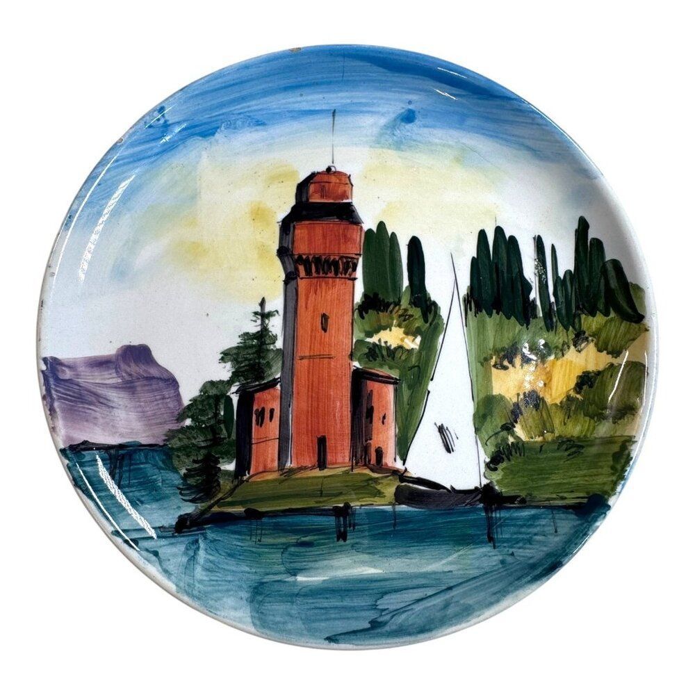 Hand-Painted Italian Ceramic Wall Plate Lighthouse Scene 8” Made In Italy READ